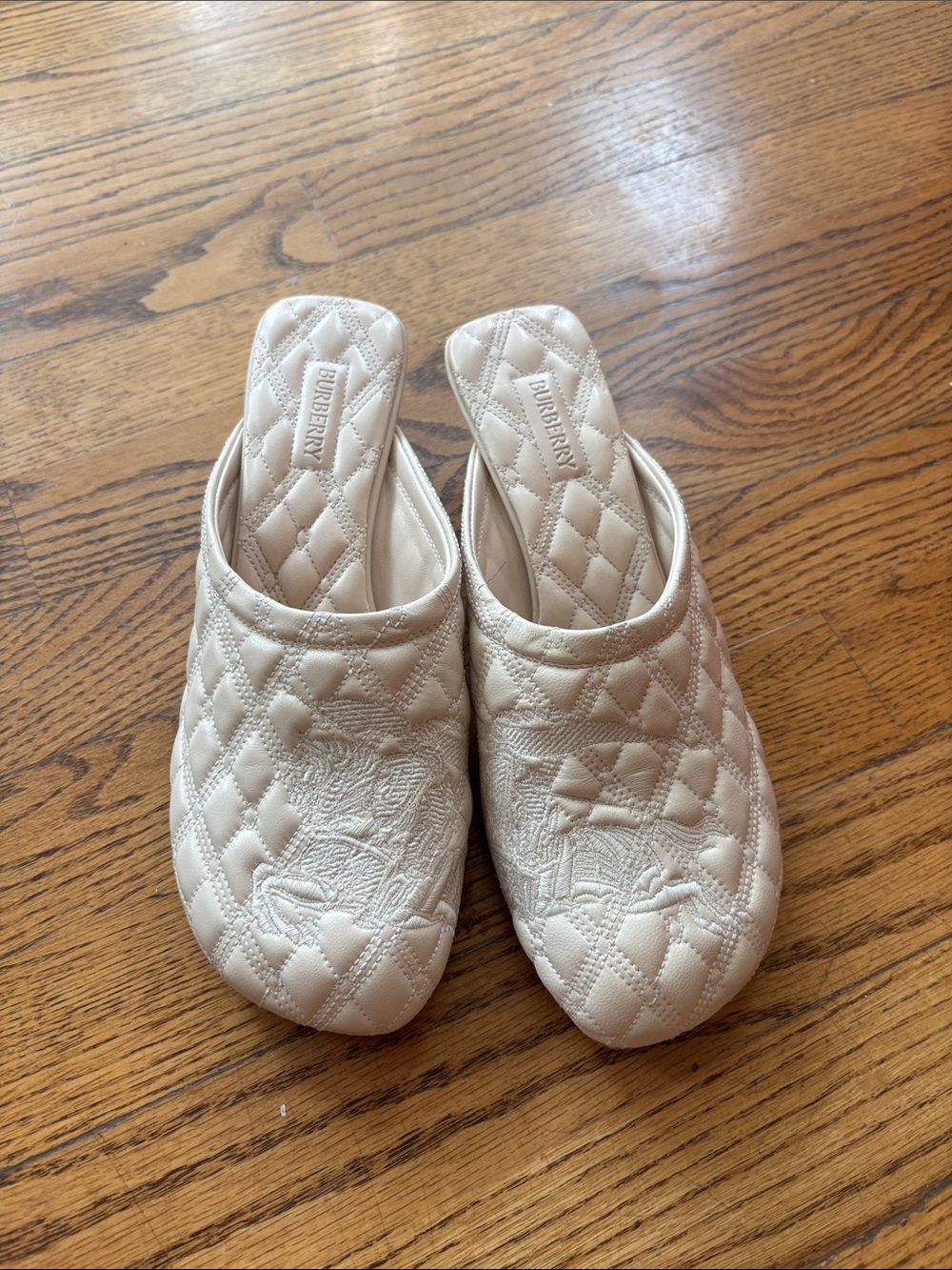 Burberry Quilted Cream Slip-On Mules with Embroidered Logo